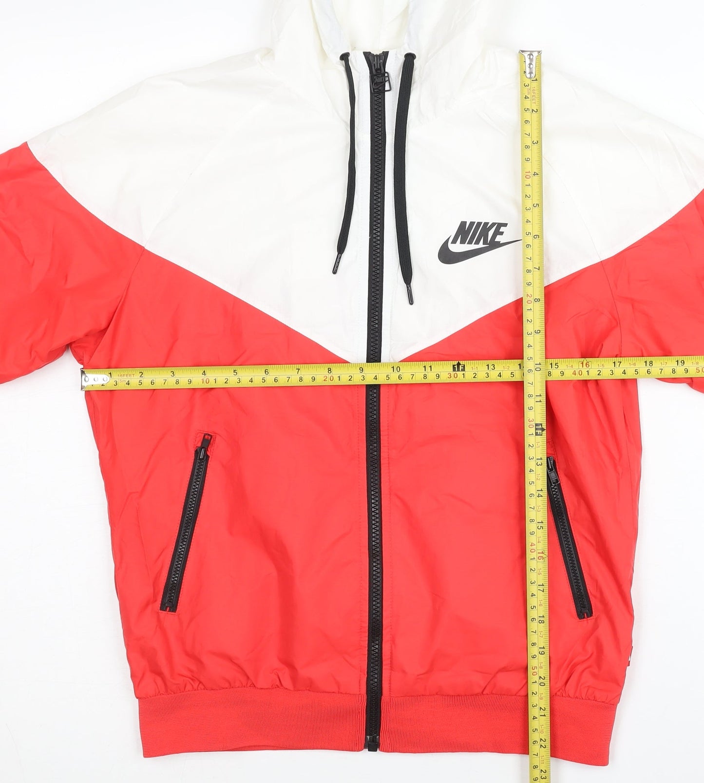 Nike Womens Red White Windbreaker Jacket Size L Hooded Full Zip