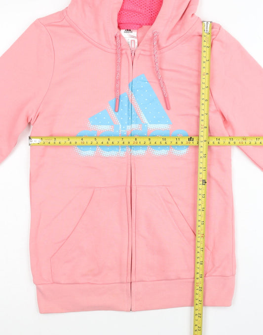 Adidas Womens Pink Full Zip Hoodie Size 8 UK Logo Print Sportswear