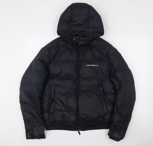 Emporio Armani Men's Black Size 52 Puffer Jacket Hooded Down