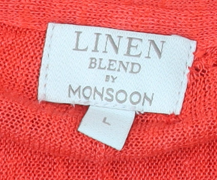 Monsoon Women’s Red Linen Blend Tunic Blouse L V-Neck 3/4 Sleeve