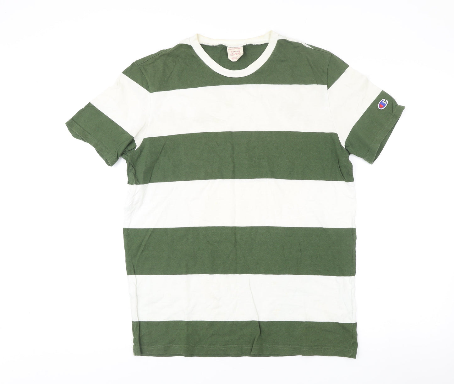 Champion Men's Green White Striped Crew Neck Cotton T-Shirt Size M