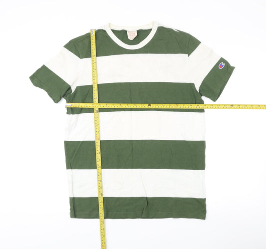 Champion Men's Green White Striped Crew Neck Cotton T-Shirt Size M