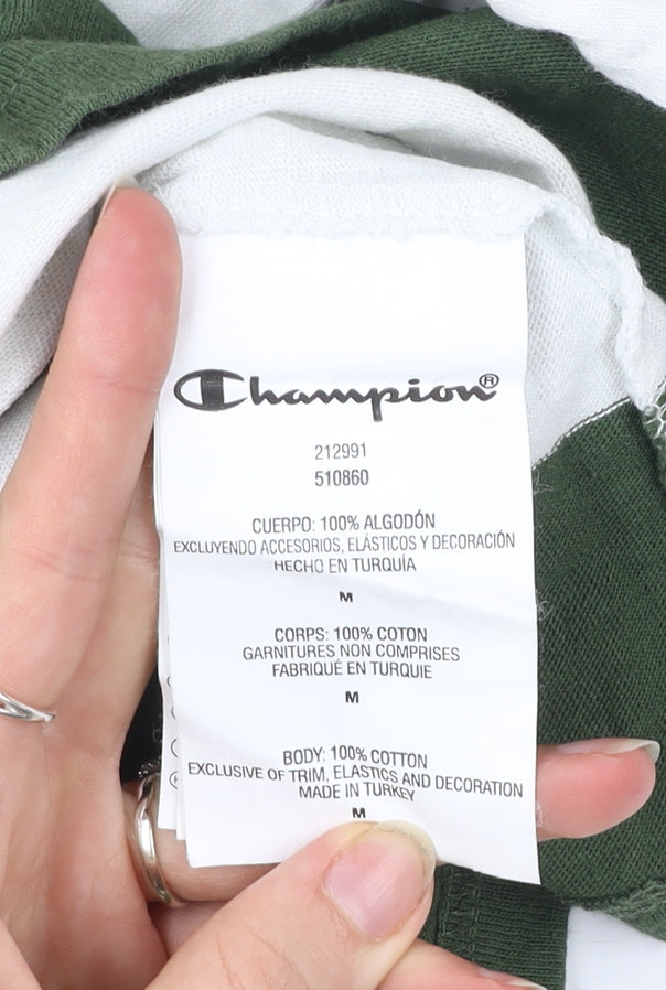 Champion Men's Green White Striped Crew Neck Cotton T-Shirt Size M