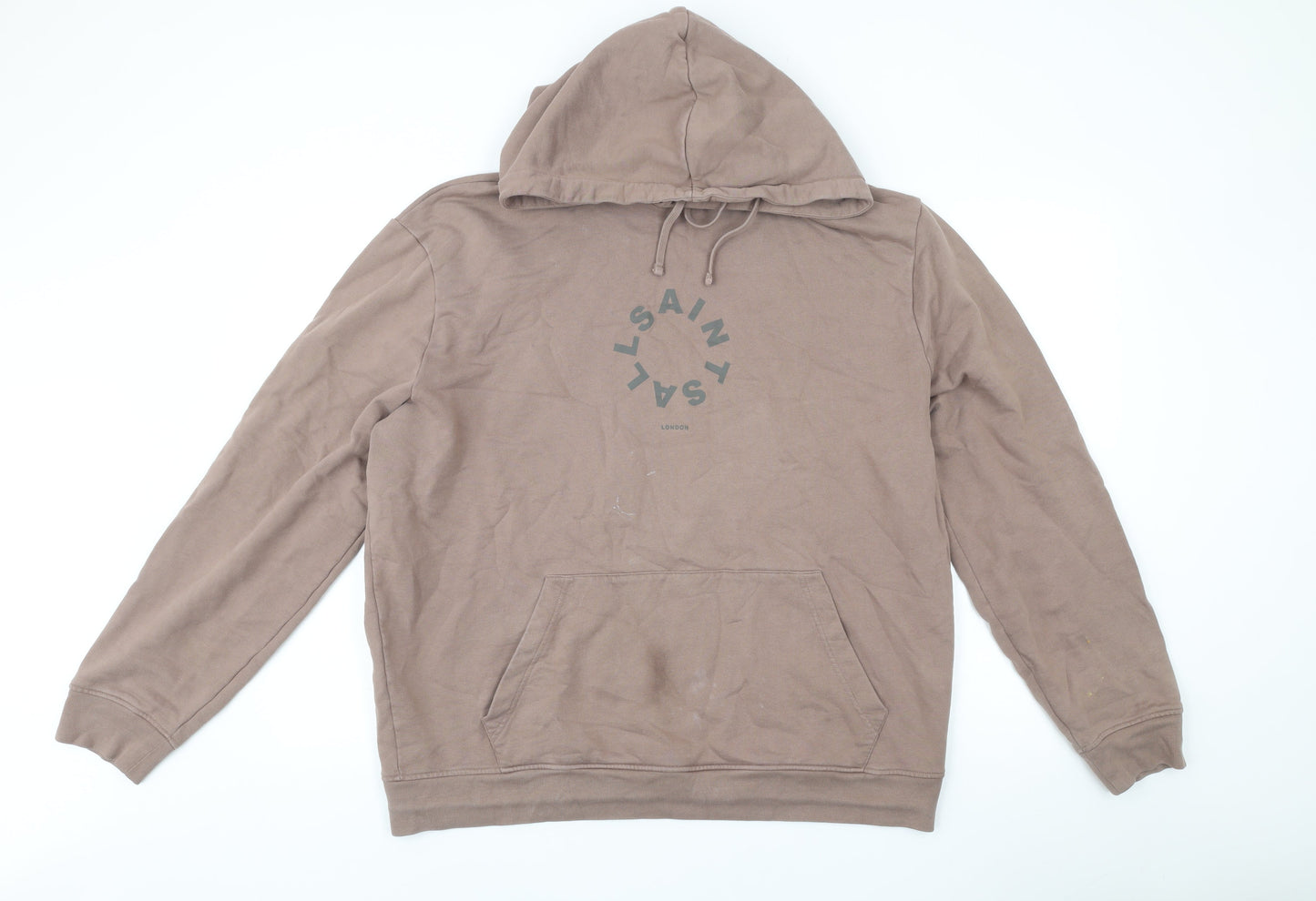 AllSaints Men’s Brown Hoodie Medium Pullover Logo Graphic Cotton