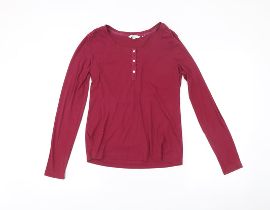 FatFace Womens Red Cotton Long Sleeve Scoop Neck Button T-Shirt UK 10