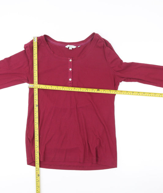 FatFace Womens Red Cotton Long Sleeve Scoop Neck Button T-Shirt UK 10