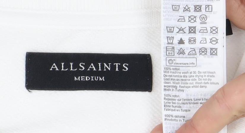 AllSaints Mens White Sweatshirt Medium Crew Neck Cotton Pullover