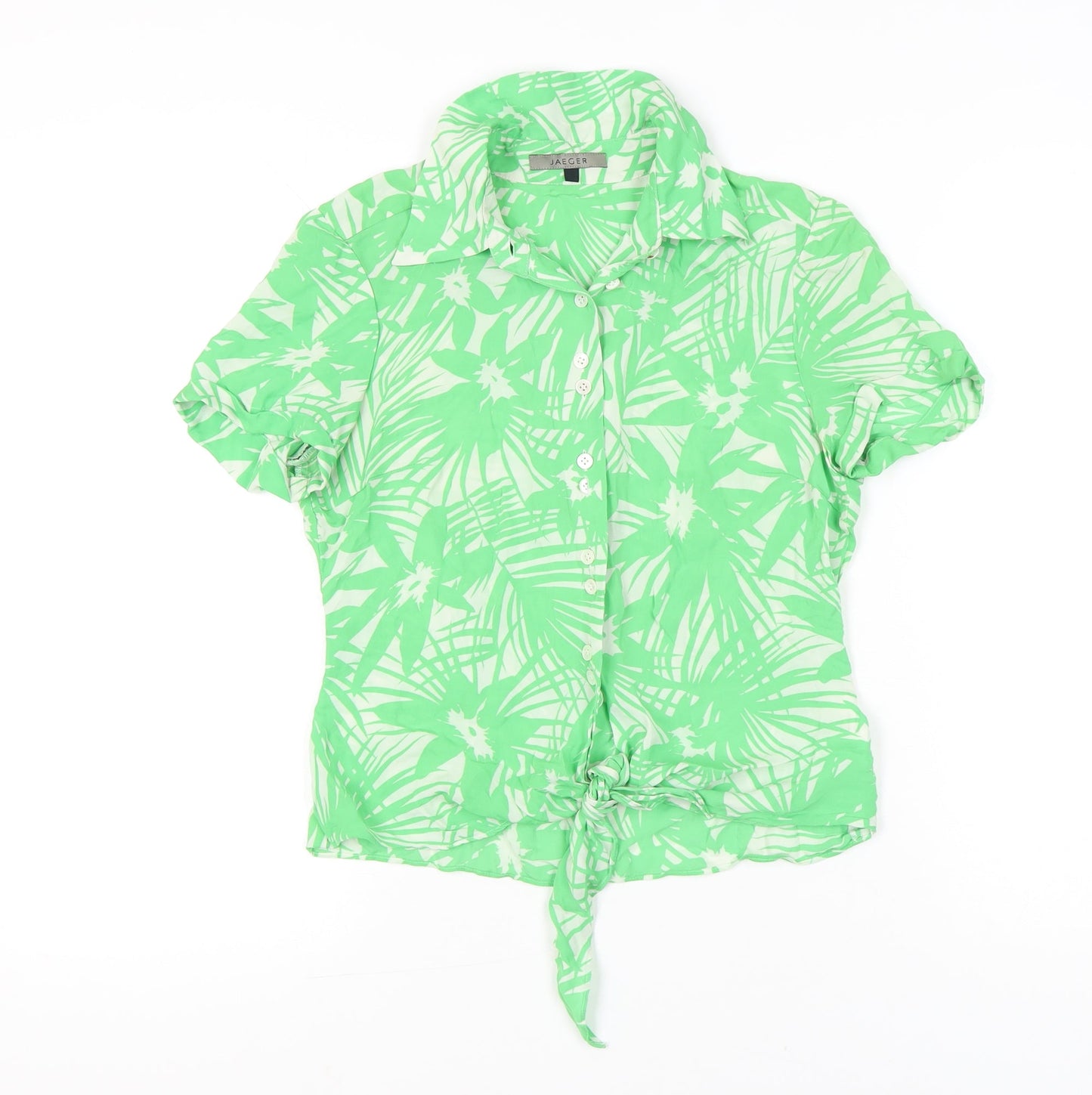 Jaeger Women Green Silk Floral Button-Up Short Sleeve Top UK 10