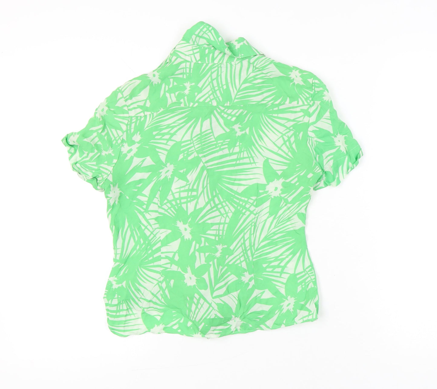 Jaeger Women Green Silk Floral Button-Up Short Sleeve Top UK 10