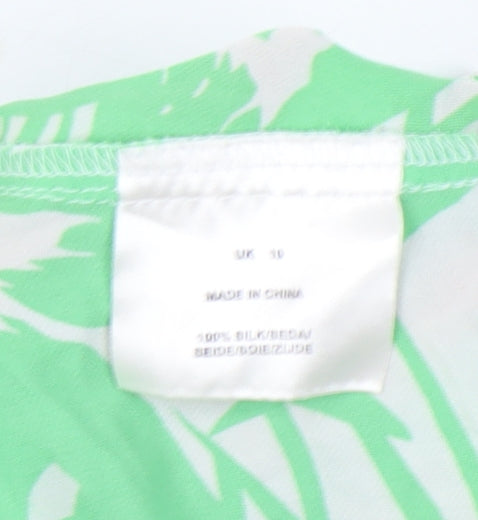 Jaeger Women Green Silk Floral Button-Up Short Sleeve Top UK 10