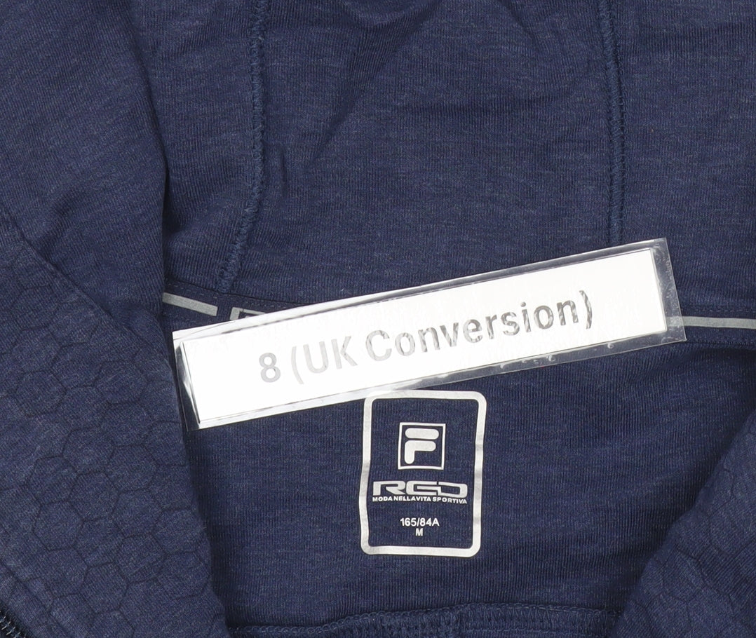 Brand and care label for Fila Women’s Navy Blue Hoodie, size UK 8, Full Zip Sportswear