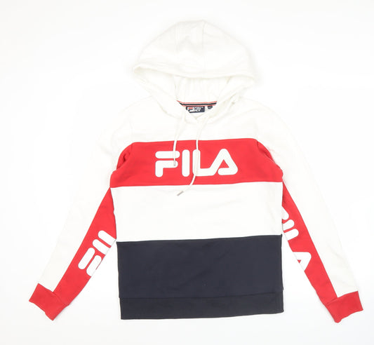 FILA Mens XS White Red Blue Pullover Hoodie Logo Retro Sportswear