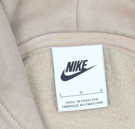 Nike Men Beige Pullover Hoodie L Regular Fit Fleece Logo