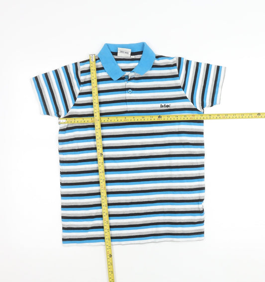 Lee Cooper Boys Blue Striped Polo Shirt 13 Years Short Sleeve Cotton Blend