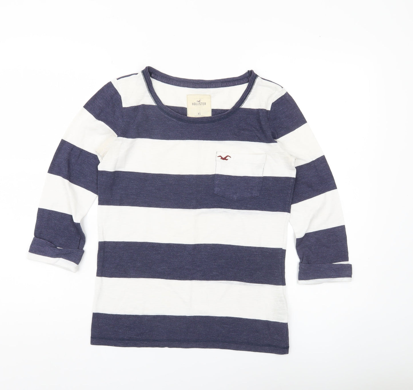Hollister Womens XS Blue White Striped 3/4 Sleeve Scoop Neck T-Shirt
