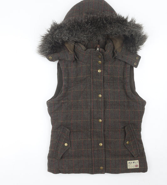 Jack Wills Womens Brown Checked Quilted Hooded Waistcoat UK 10