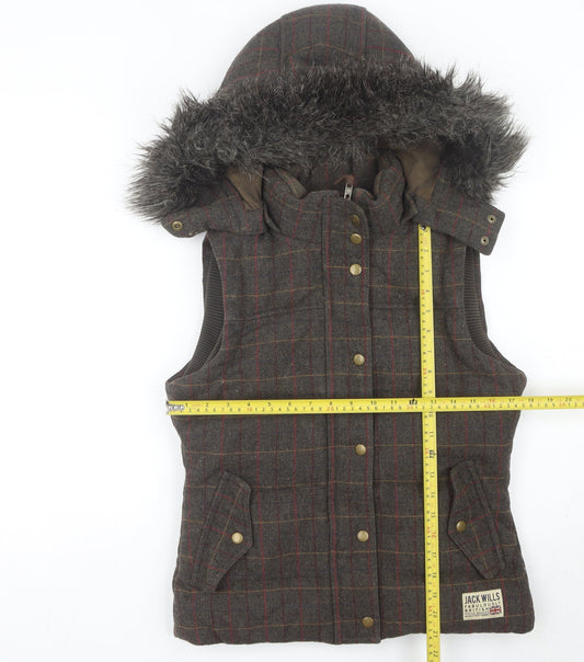 Jack Wills Womens Brown Checked Quilted Hooded Waistcoat UK 10