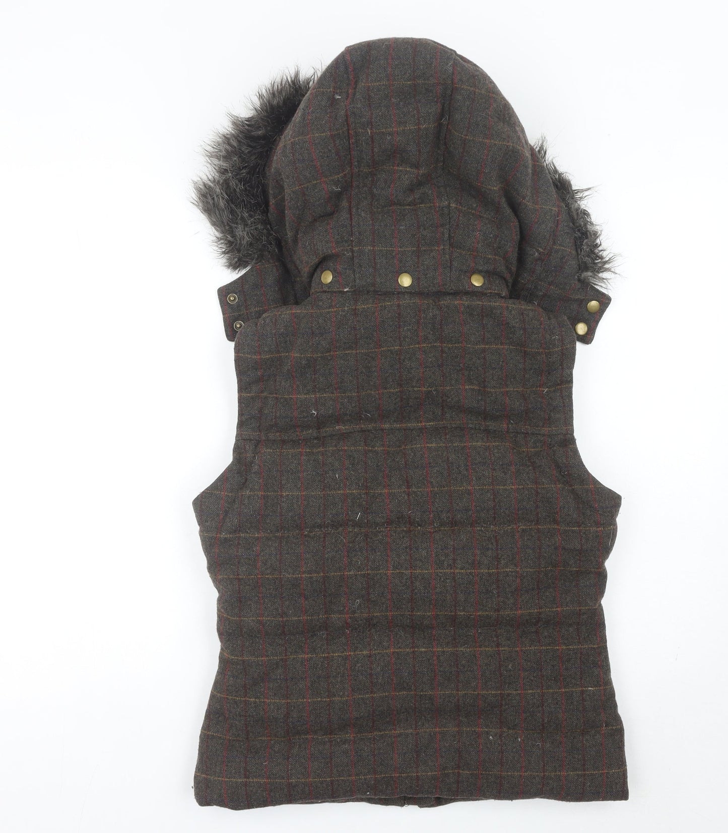 Jack Wills Womens Brown Checked Quilted Hooded Waistcoat UK 10