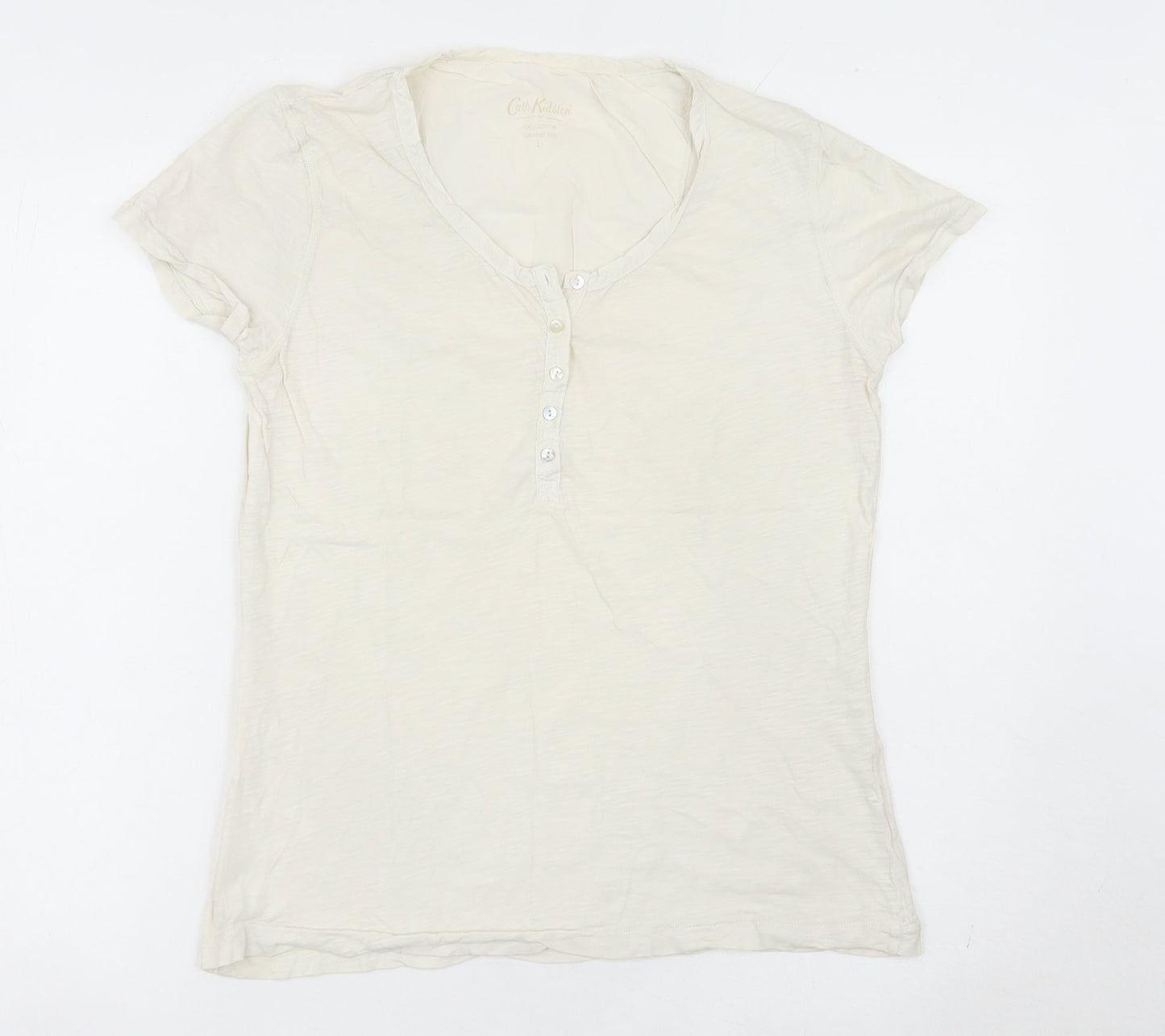 Cath Kidston Women Ivory Cotton Scoop Neck Button T-Shirt L