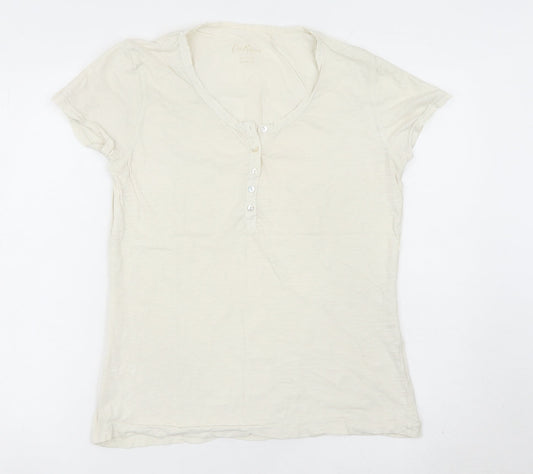 Cath Kidston Women Ivory Cotton Scoop Neck Button T-Shirt L