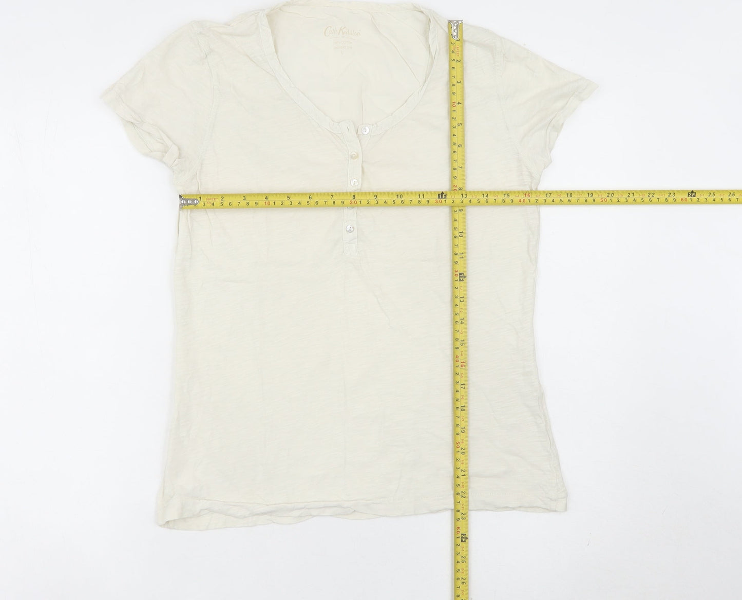 Cath Kidston Women Ivory Cotton Scoop Neck Button T-Shirt L