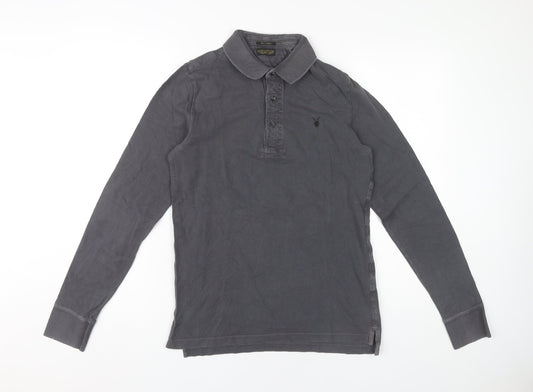 AllSaints Men’s Grey Polo Shirt XS Slim Fit Long Sleeve Cotton