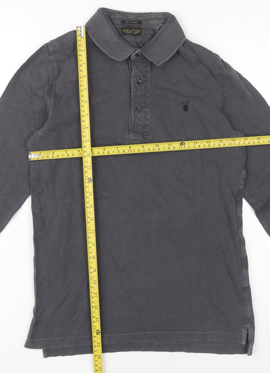 AllSaints Men’s Grey Polo Shirt XS Slim Fit Long Sleeve Cotton