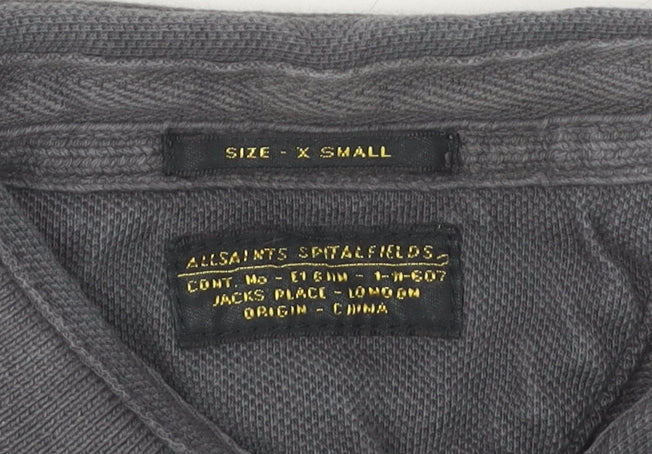 AllSaints Men’s Grey Polo Shirt XS Slim Fit Long Sleeve Cotton
