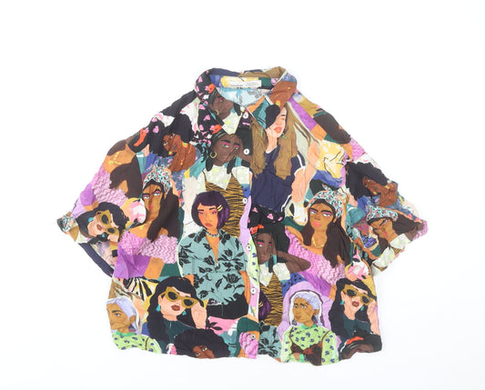 Pull&Bear Womens Multicoloured Art Print Button-Up Shirt Size 12