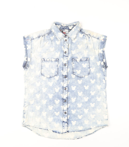 Disney Women’s Blue Sleeveless Denim Mickey Mouse Button-Up Shirt Size 12