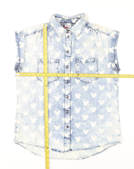 Disney Women’s Blue Sleeveless Denim Mickey Mouse Button-Up Shirt Size 12