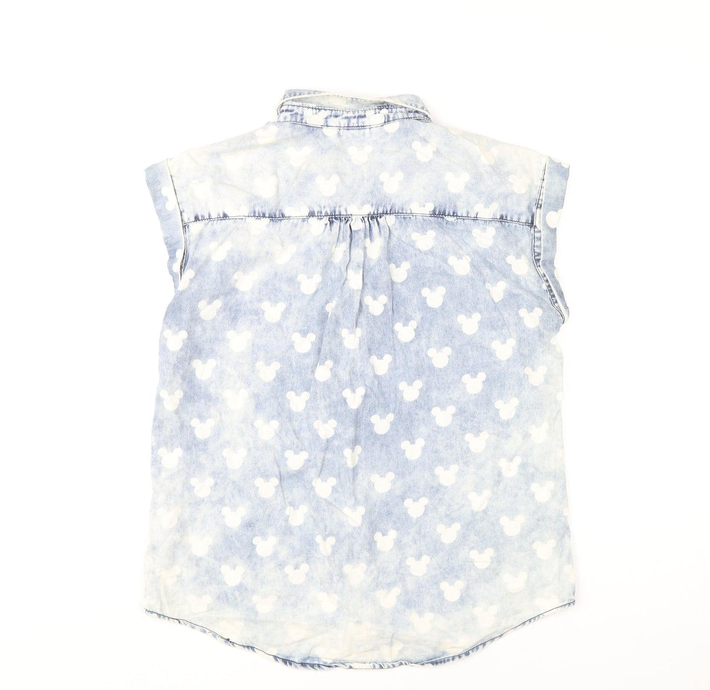 Disney Women’s Blue Sleeveless Denim Mickey Mouse Button-Up Shirt Size 12