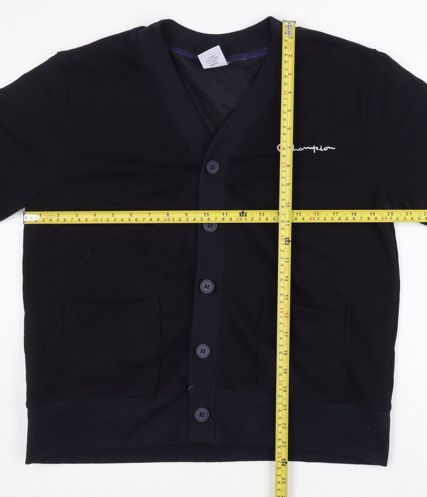 Champion Men’s Black Cardigan Jumper Size L V-Neck Logo Cotton Blend