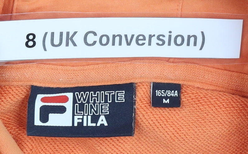 Brand and care label for Fila Women’s Orange Pullover Hoodie, size UK 8, Logo Sportswear