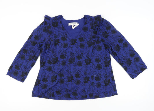 Thought Womens Blue Floral Embroidered Blouse Size 12 Tunic Style