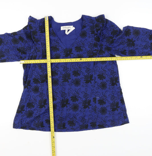 Thought Womens Blue Floral Embroidered Blouse Size 12 Tunic Style