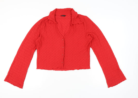 Monki Womens Red Cropped Collared Button-Up Shirt Blouse L