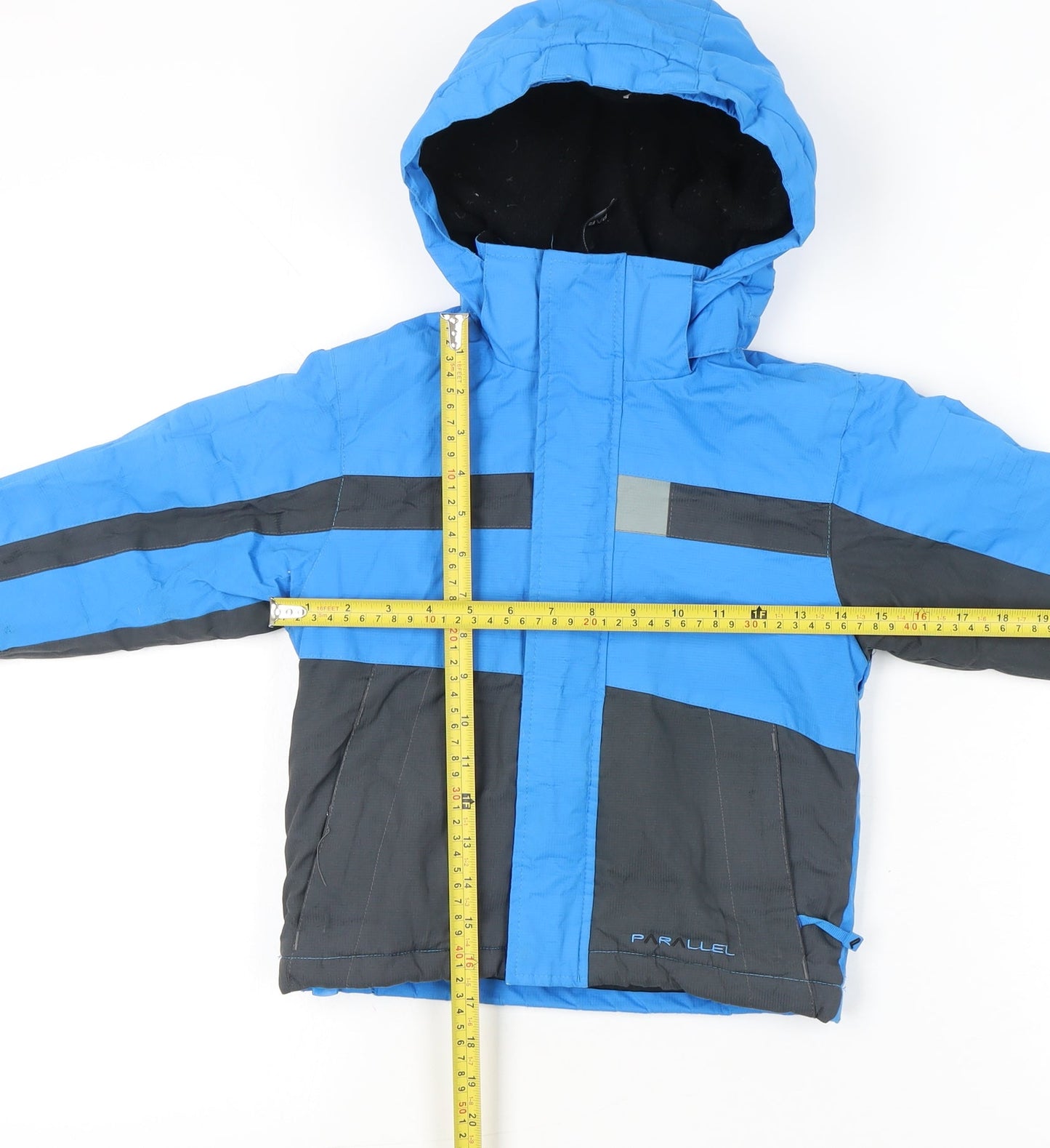 Brand and care label for Parallel boys’ blue grey ski jacket coat hooded 3-4 years winter outdoor