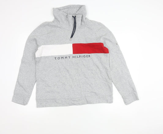 Tommy Hilfiger Women Grey L Quarter Zip Sweatshirt Logo Pullover Cotton Blend