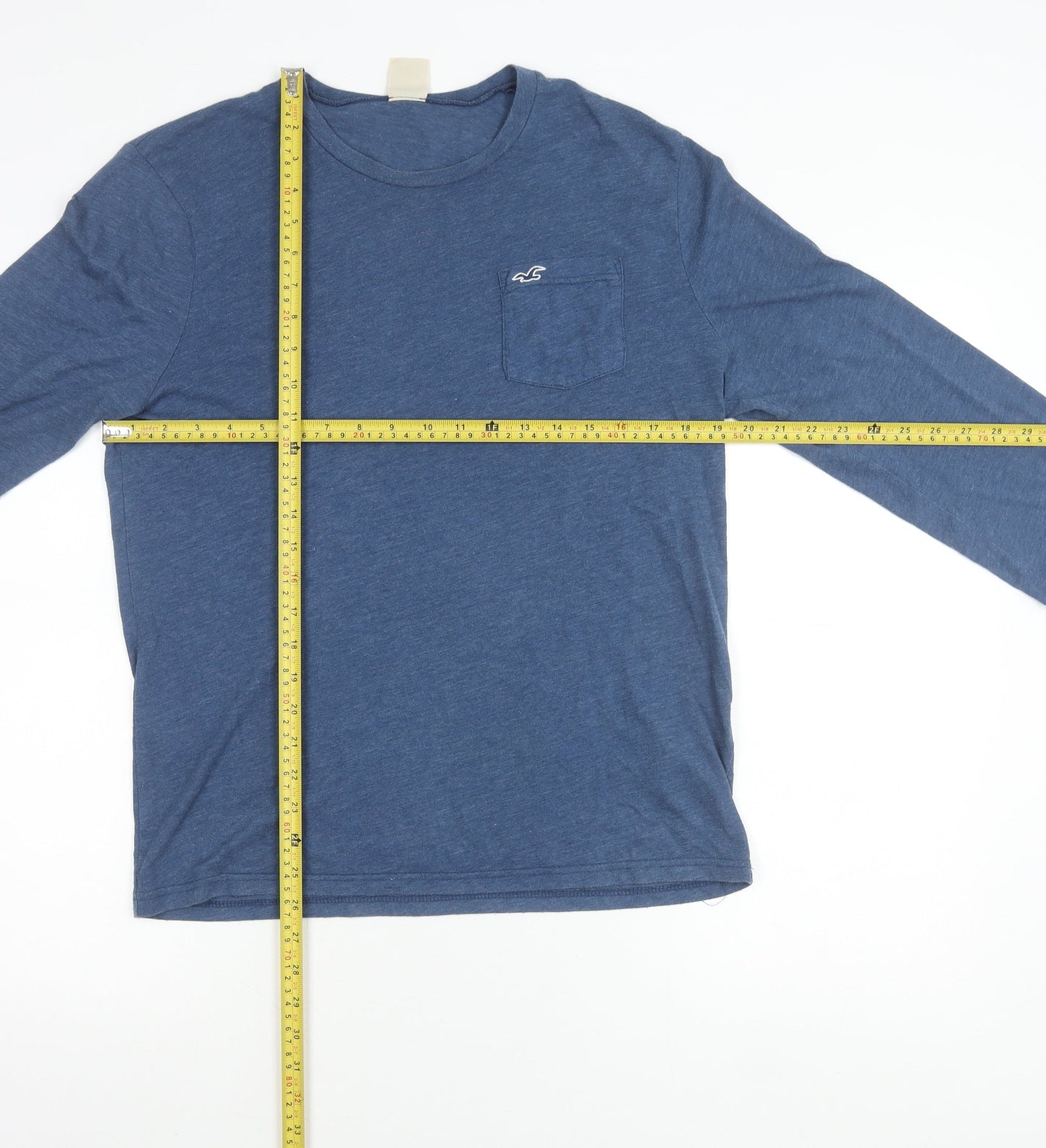 Hollister Men’s Blue Long Sleeve Crew Neck Logo Pocket T-Shirt Size S