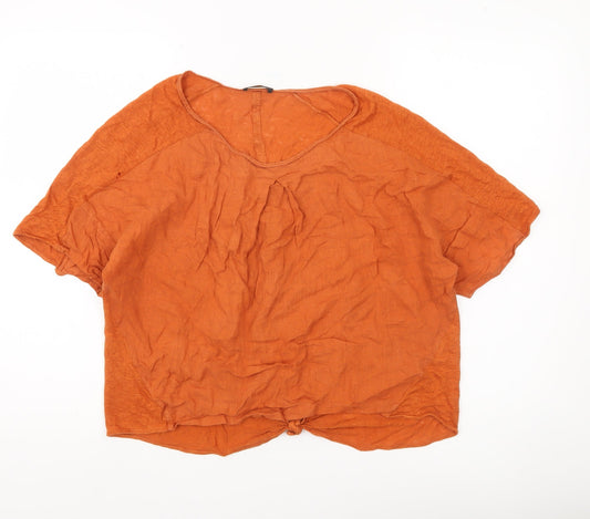 Massimo Dutti Womens Orange Linen Blouse Size 12 Short Sleeve Basic