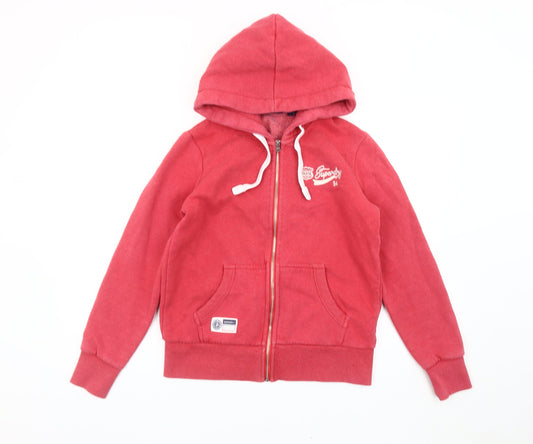 Superdry Womens Red Full Zip Hoodie Size 10 Regular Fit Logo