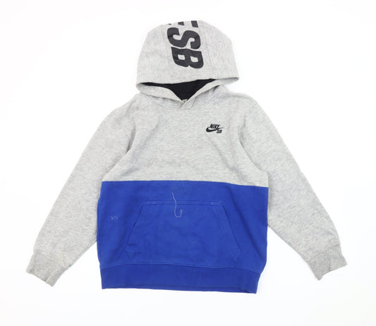 Additional front view of Nike SB boys’ grey blue pullover hoodie 12-13 yrs logo skateboarding