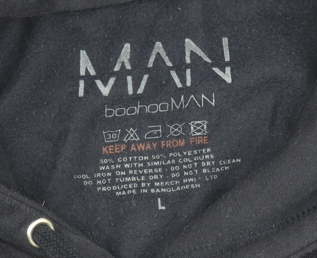 Brand and care label for boohooMAN Men’s Black Pullover Hoodie L Graphic Print Logo