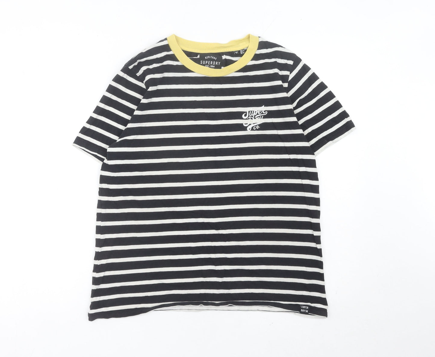Superdry Womens Black Striped Cotton T-Shirt UK 10 Crew Neck