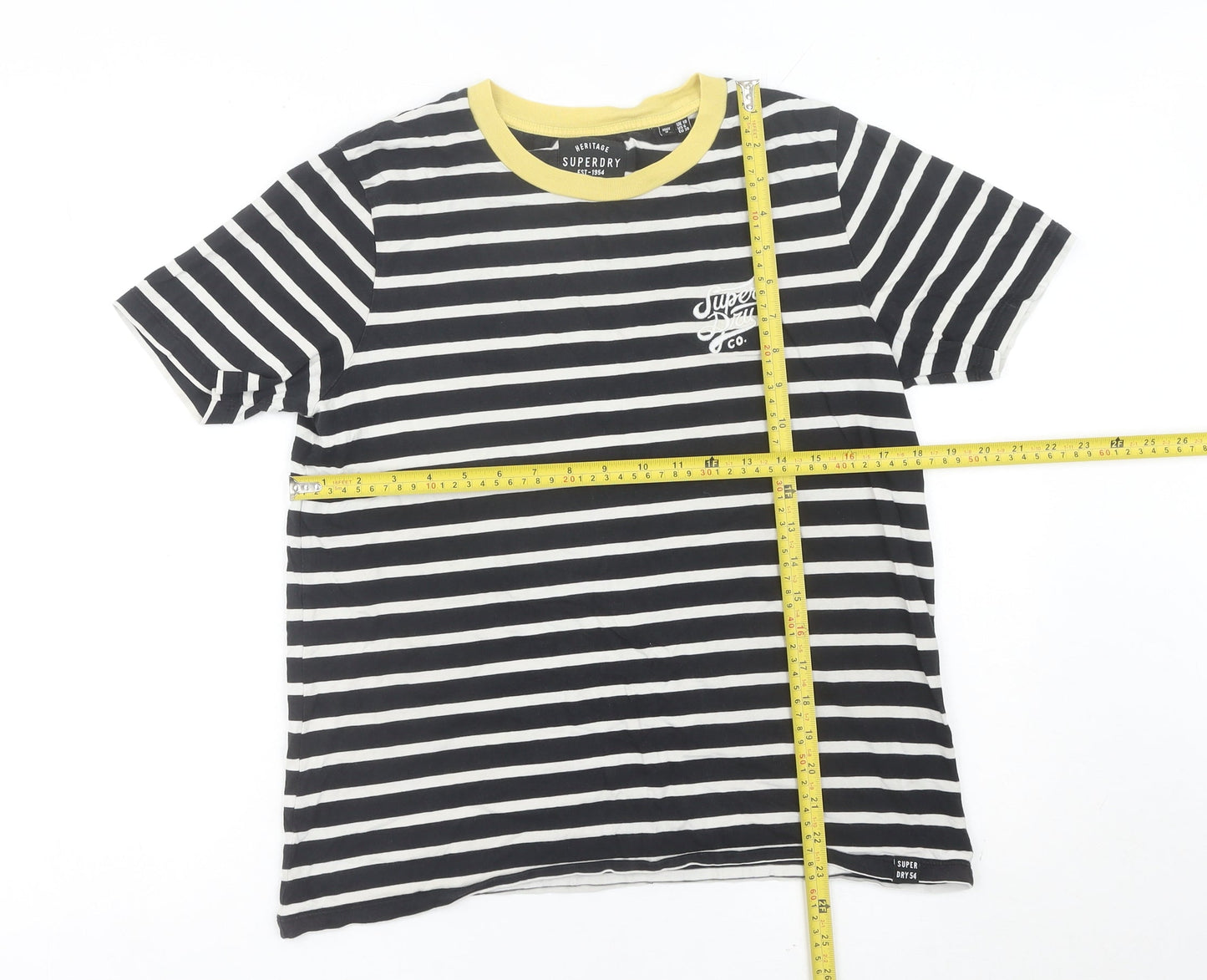 Superdry Womens Black Striped Cotton T-Shirt UK 10 Crew Neck