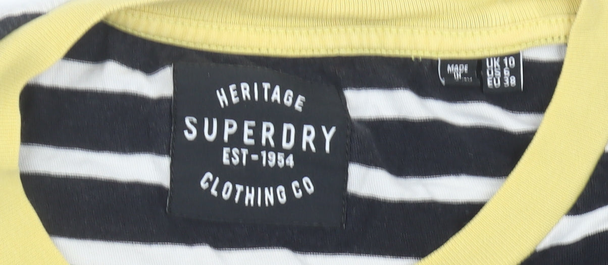 Superdry Womens Black Striped Cotton T-Shirt UK 10 Crew Neck
