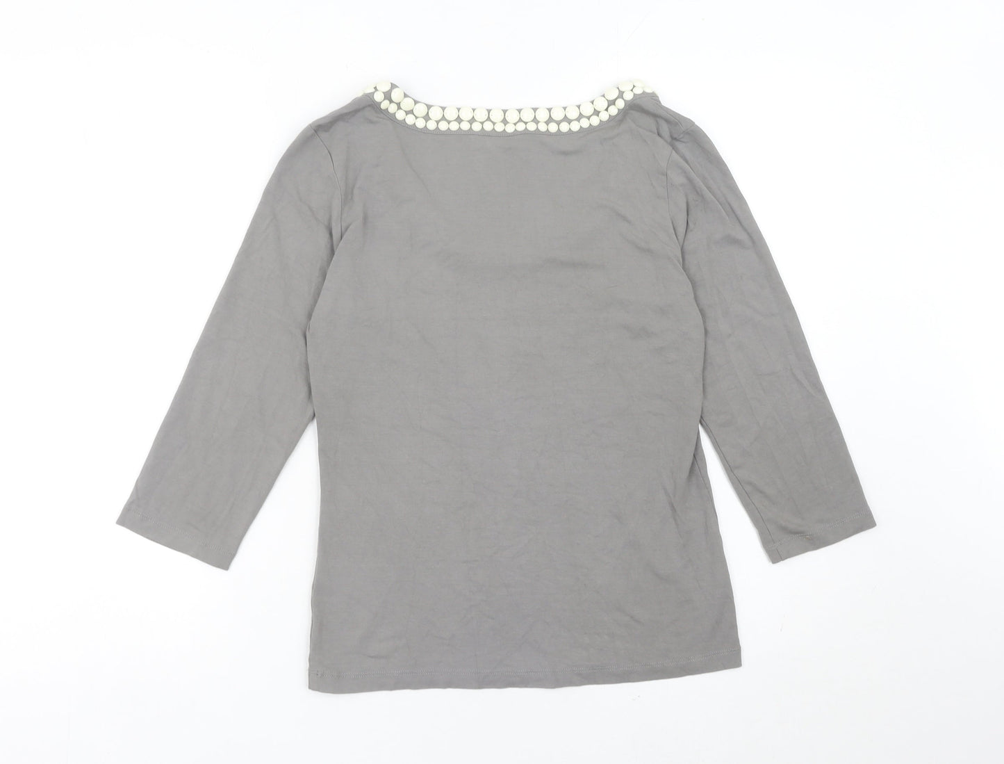 L.K. Bennett Womens Grey Scoop Neck Beaded 3/4 Sleeve Top Size M