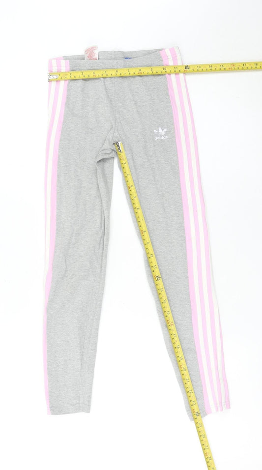 Back view of Adidas girls’ grey pink stripe ankle leggings 12-13 years cotton stretch