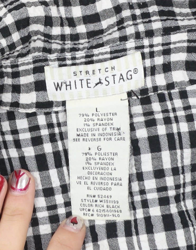 White Stag Women’s Black Checked Button-Up Shirt L Short Sleeve